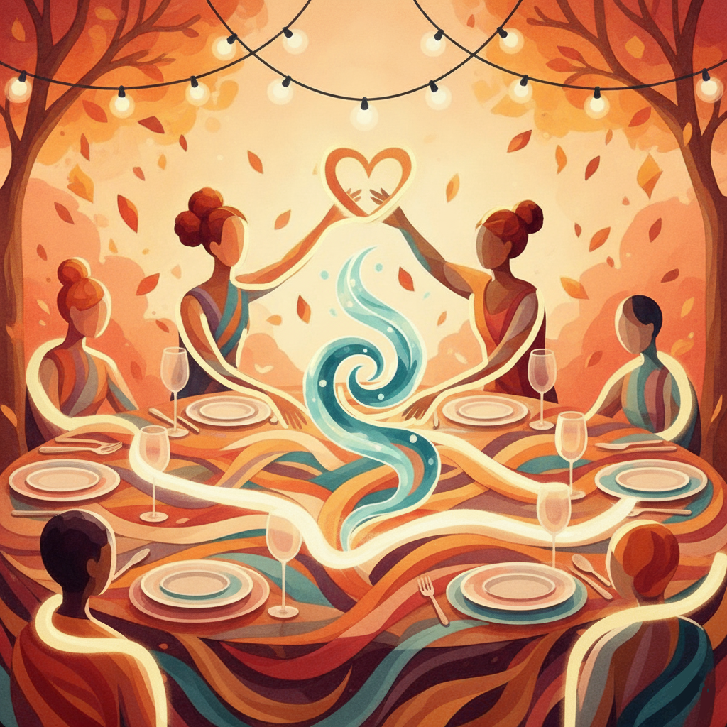 A stylized dinner table with diners expressing love for each other. 
                             The table is placed outdoors, between two trees with string lights going between 
                             them and autumn leaves falling from their branches.